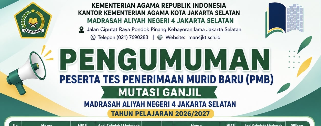 PENGUMUMAN PESERTA TES PENERIMAAN MURID BARU (PMB) MUTASI GANJIL TP. 2026/2027
